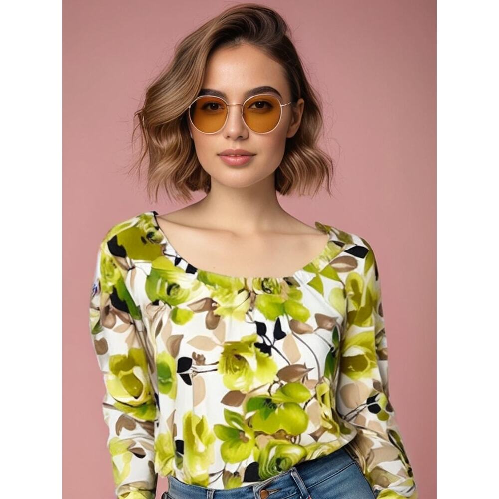 LINK Women's Floral‎ Long Sleeve Blouse Green Size Small Casual Spring Top